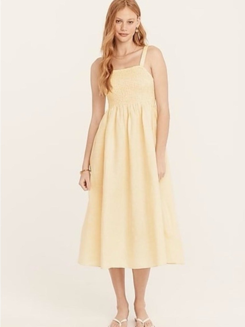 NWT- J. Crew Pale Yellow Smocked Midi Dress